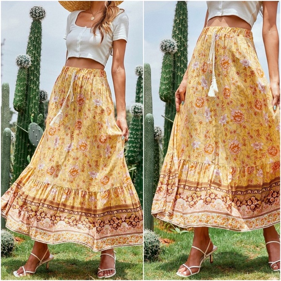 Boho Pink Floral Tassel Ruffle Maxi Skirt Gypsy - Picture 2 of 15